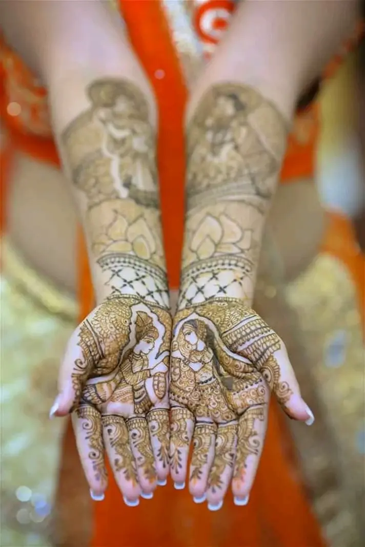 Personalised henna design showing bride and groom portraits on palms
