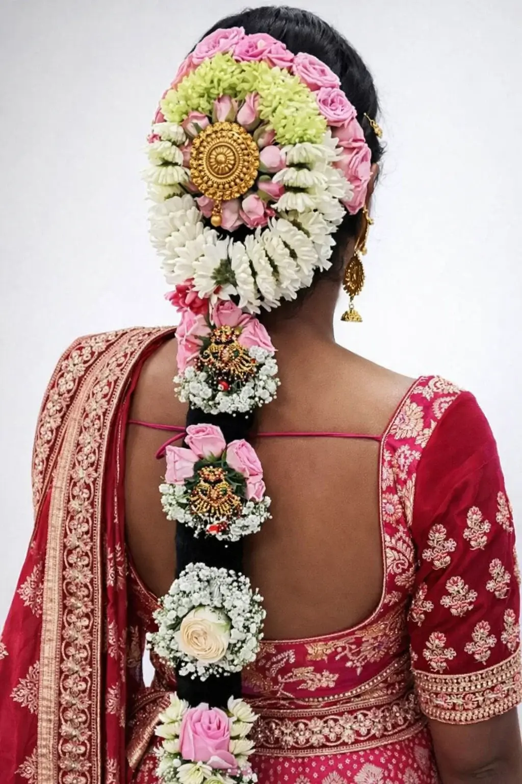 Traditional South Indian bride with flower-adorned hair